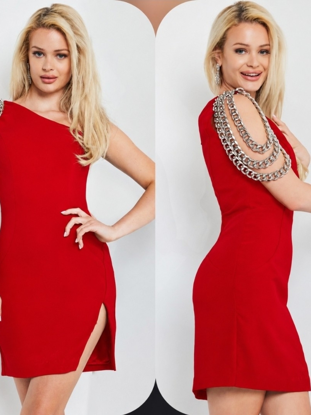Jovani Red One-Shoulder Mini Dress with Chain Shoulder